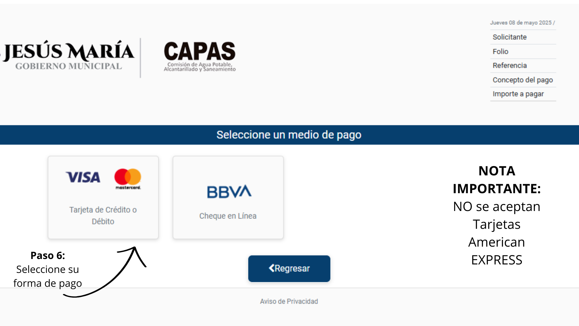 Selección de forma de pago en la plataforma